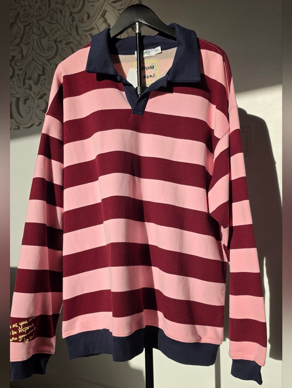 MayFair Pink Striped Oversized Pullover Sweatshirt Navy Collar Women Sz M/L NWT